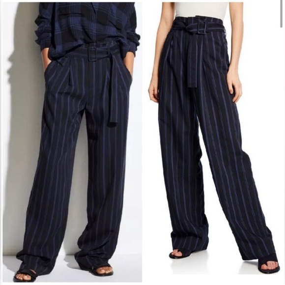 Vince Dobby wide leg palazzo pants belted navy striped